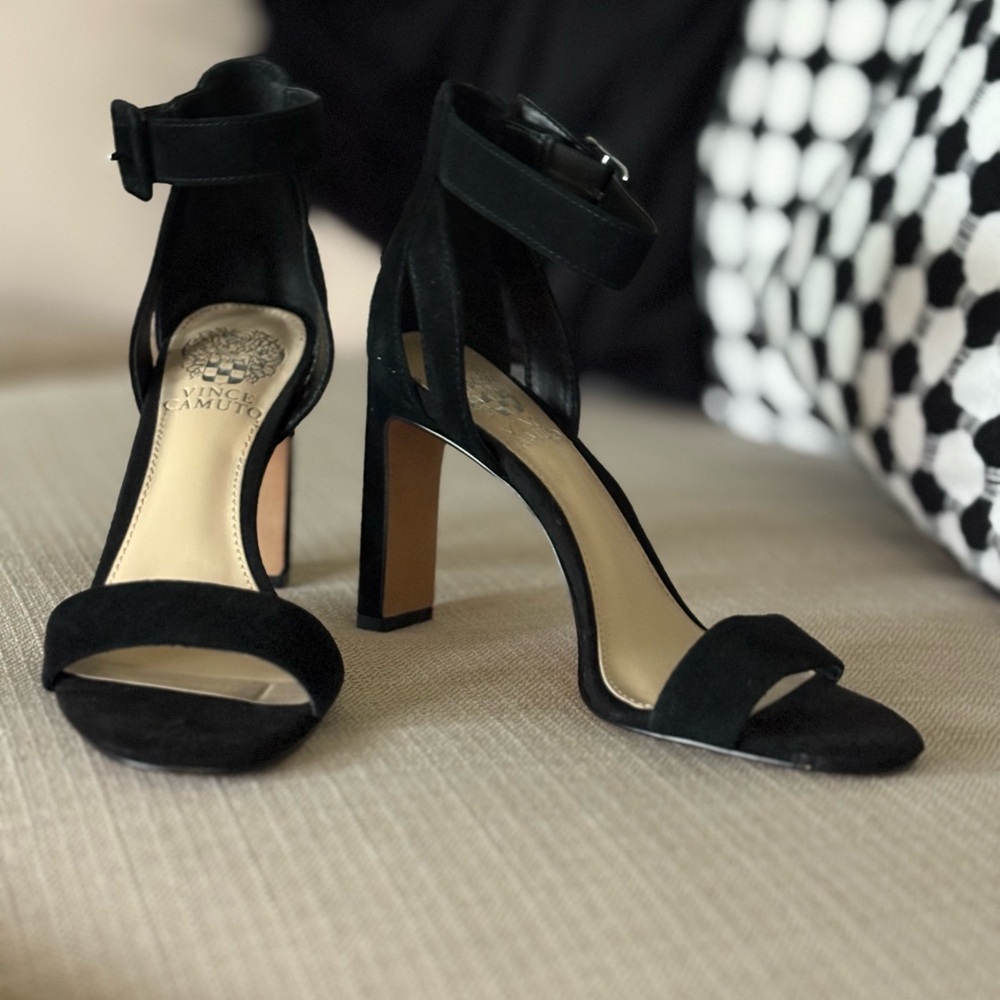 Vince Camuto Black Heels with Ankle Strap and Wooden Heel